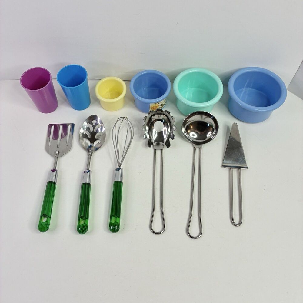 Toy Play Pretend Kitchen Metal Utensils Bowls Measuring Cups Drinking Cups